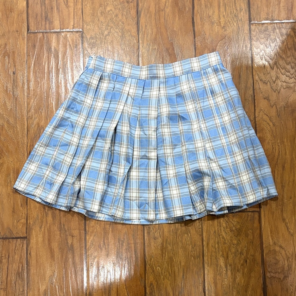 SHEIN Blue and Cream Plaid Skater Skirt